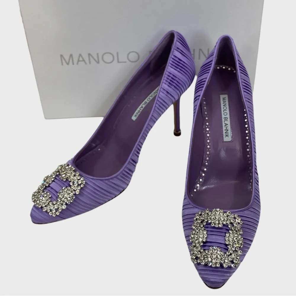 Manolo Blahnik New in Box Hangisi Purple Pleated Satin Pumps Size 39 1/2 - Picture 12 of 12